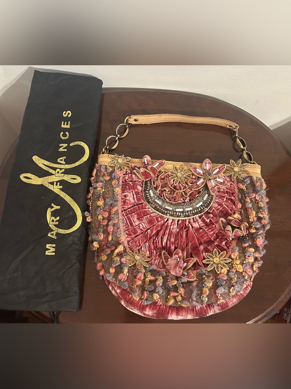 Mary Frances Rose Pink Velvet Beaded Floral Shoulder Bag w/Dust Bag & COA